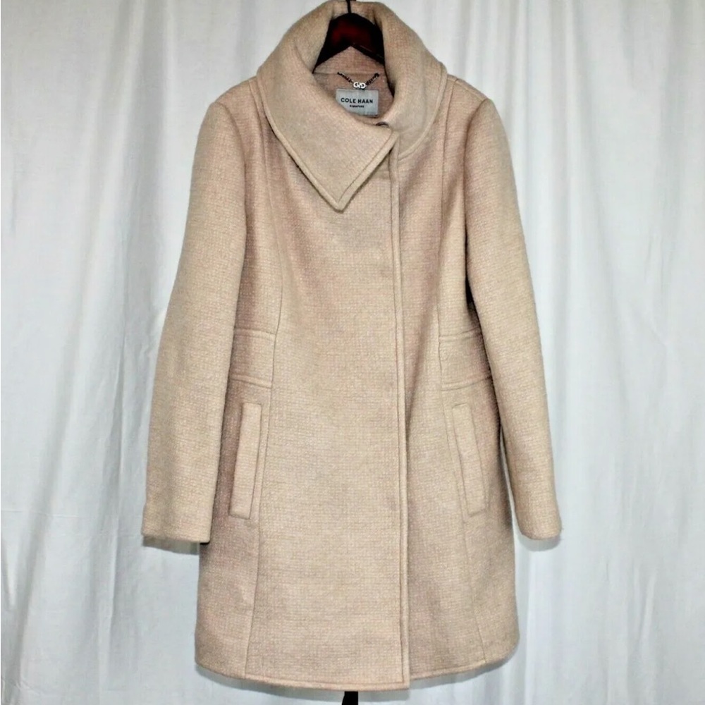 Cole Haan Shawl Collar Wool Coat Asymmetrical Snap Closure Size 14 New w/ Tags